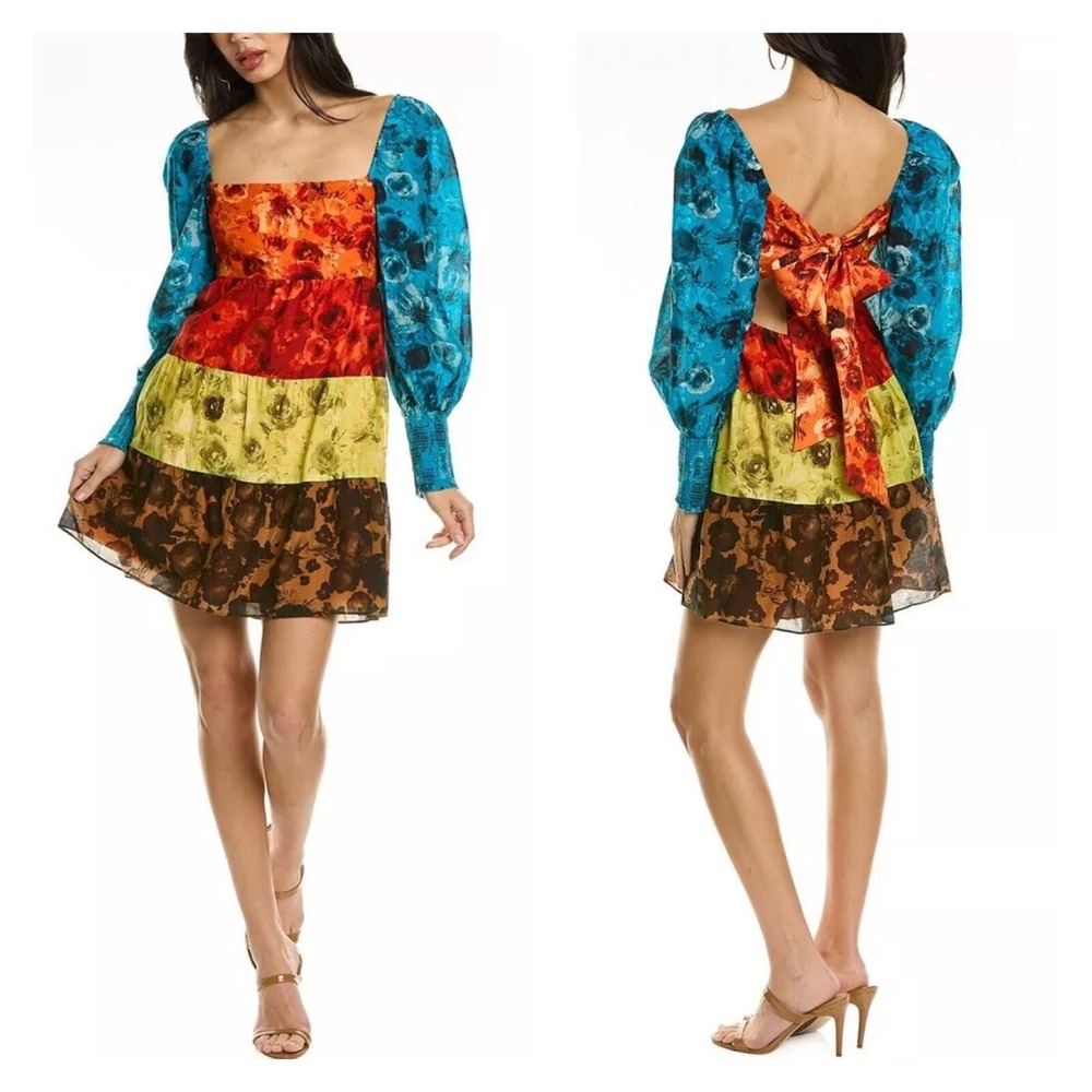 ALICE + OLIVIA Rowen Tiered Babydoll Mini Dress Womens XS Blue Red Floral Flowy